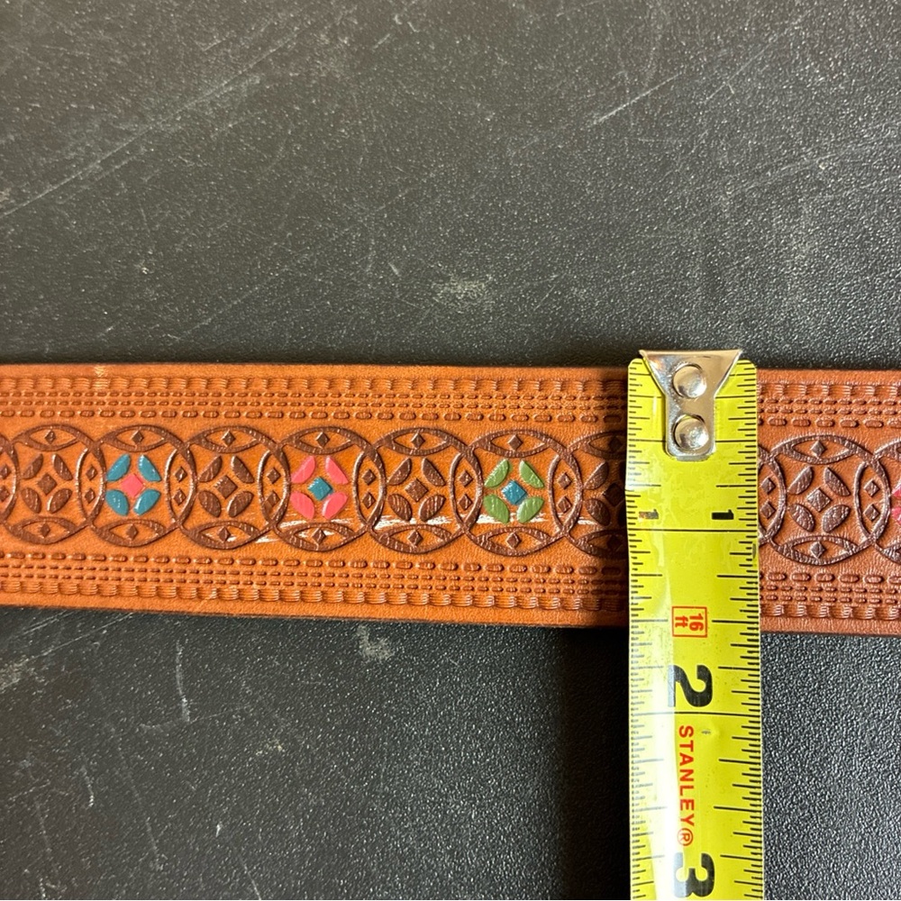 Fossil Brown Tooled Colorful Leather Belt Western Boho Y2K Size Small - Picture 11 of 16